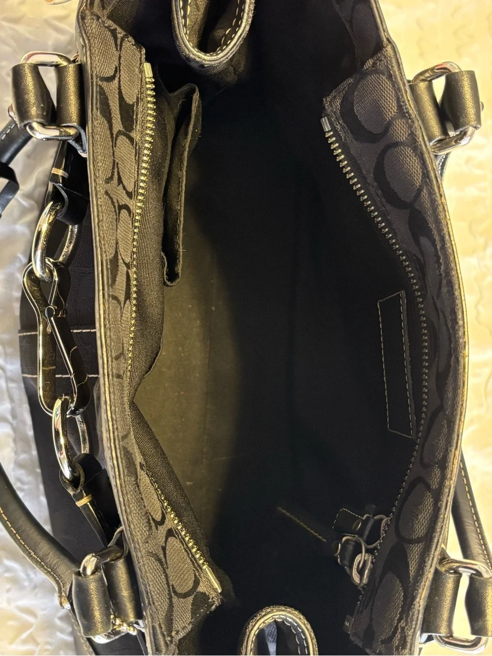 Vintage Coach Black Signature Leather/Canvas Satchel Bag with Silver Hardware